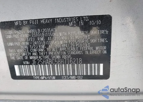 2011 Subaru Forester 2.5X from USA, damaged, VIN JF2SHABC5BH716218